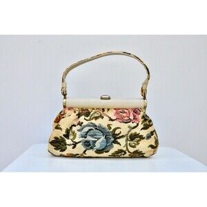 Vintage Floral Colorful Tapestry Carpet Bag - 60s 70s HandBag - Roses Bag Boho